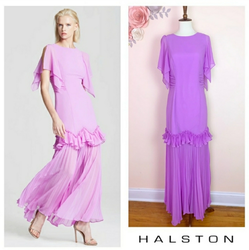 NWT.HALSTON FLOUNCE-SLEEVE PLEATED GOWN. SIZE 8.